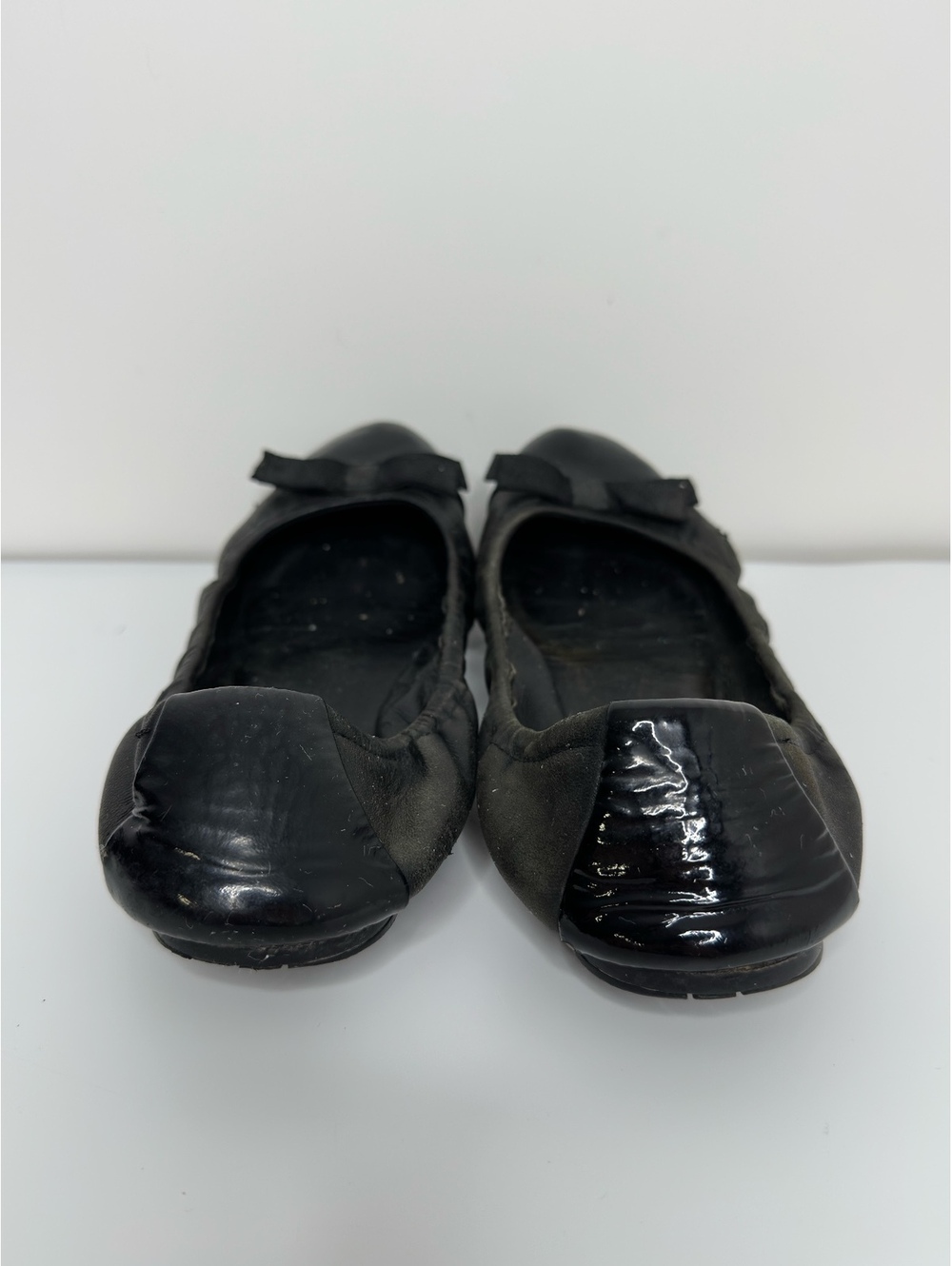 Prada Black Leather Patent Cap Toe Bow Ballet Flats Womenโs - Picture 7 of 12